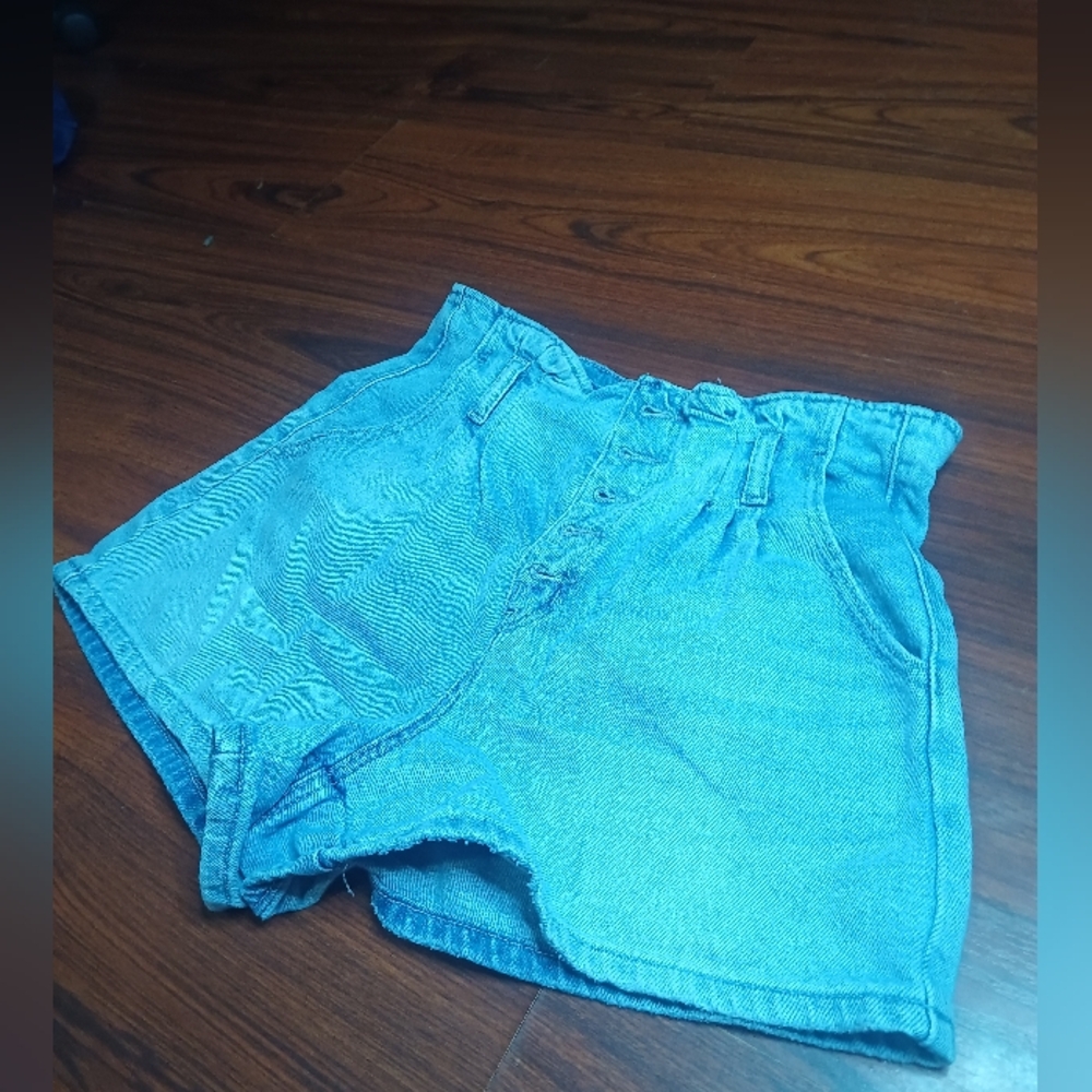 American Eagle Shorts Womens 6 Button Fly Paper Bag High Waist Retro Blue Denim